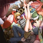  2boys barefoot bed blonde_hair cat copyright_request feet goggles hat kitajima legs lying multiple_boys shorts sleeping 