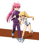  blonde_hair dune_(artist) fate_testarossa gym_uniform lyrical_nanoha mahou_shoujo_lyrical_nanoha mahou_shoujo_lyrical_nanoha_a's multiple_girls signum sports_festival three-legged_race track_suit 