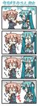  &gt;_&lt; 4koma :t aqua_hair chibi chibi_miku closed_eyes comic crossover drill_hair eating food food_on_face hatsune_miku kasane_teto minami_(colorful_palette) multiple_girls silent_comic taiyaki twin_drills twintails utau vocaloid wagashi |_| 