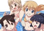  beach bikini blonde_hair blue_eyes blue_hair blush breast_grab breasts brown_eyes brown_hair double_bun grabbing hirose_(mokiki) hyakko iizuka_tatsuki innertube kageyama_torako multiple_girls nonomura_ayumi saotome_suzume small_breasts swimsuit triangle_mouth 