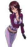  belt breasts brown_eyes brown_hair celestial_being_uniform cleavage gloves gundam gundam_00 large_breasts midriff navel pants short_hair shy solo sumeragi_lee_noriega utu_(ldnsft) zipper 