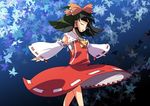  ascot black_hair bow closed_eyes collar detached_sleeves dress frills from_side hair_bow hair_tubes hakurei_reimu leaf long_sleeves red_bow red_dress ribbon-trimmed_sleeves ribbon_trim shokkin short_hair sidelocks solo touhou walking 