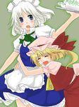  2girls :d :o ^_^ ^o^ apron ascot bad_id bad_pixiv_id blonde_hair blue_dress closed_eyes dress flandre_scarlet holding hug hug_from_behind izayoi_sakuya maid maid_headdress multiple_girls nishino_miyuki open_mouth puffy_short_sleeves puffy_sleeves red_dress short_sleeves smile touhou tray waist_apron 