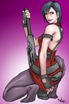  ada_wong black_hair dress fingerless_gloves gloves gun pantyhose red_dress resident_evil resident_evil_4 short_hair solo take_(draghignazzo) weapon 