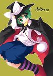  antennae bag candy cape food green_eyes green_hair halloween hat ozaki_(ko-zaki) short_hair socks solo striped striped_legwear touhou witch_hat wriggle_nightbug 