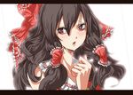  black_hair bow brown_eyes frilled_bow frilled_hair_tubes frilled_shirt_collar frills hair_bow hair_tubes hakurei_reimu japanese_clothes long_hair red_bow solo tanupo touhou wavy_hair 