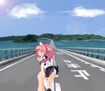  closed_eyes cloud day hana_(pangya) heart heart_in_mouth highway holding_hands island kotatsu_(kotatsu3) pangya panties pink_hair ponytail pov road scenery school_uniform skirt sky solo_focus underwear 