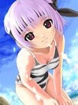  ayane_(doa) beach bent_over breasts cleavage cloud day dead_or_alive foreshortening headband leaning_forward legs medium_breasts mikazuki_akira! one-piece_swimsuit outdoors purple_hair red_eyes ribbon short_hair smile solo striped striped_swimsuit swimsuit water 