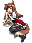  animal_ears bandabekken bronze_parrot brown_hair eating food holo kisaten long_hair lying pantyhose red_eyes solo spice_and_wolf tail waitress wolf_ears 