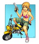  aqua_eyes bad_id bad_pixiv_id bikini_top blonde_hair breasts cleavage front-tie_top ground_vehicle gun handgun holding holding_gun holding_weapon medium_breasts midriff minibike motor_vehicle motorcycle mustard_seeds original pistol shoes shorts sideboob sneakers solo trigger_discipline twintails weapon yuuji_(and) 