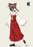  bare_shoulders beige_background black_hair bow detached_sleeves hair_bow hakurei_reimu long_skirt looking_back nontraditional_miko red_bow red_skirt ribbon-trimmed_sleeves ribbon_trim shinnoji sidelocks simple_background skirt solo touhou walking 