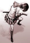  bad_id bad_pixiv_id brown glowing glowing_eye glowing_eyes kawazu monochrome original school_uniform serafuku sheath short_hair skirt solo spot_color sword unsheathing weapon 