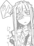  chin_stroking eyepatch fork greyscale hungry ifuji_shinsen knife long_hair lowres maid_headdress monochrome oekaki original simple_background sketch solo thought_bubble white_background 