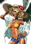  90s artist_request bikini bikini_under_clothes blonde_hair blue_eyes bow breasts breasts_apart choker cowboy_shot dark_skin flower hand_on_head hand_on_headwear hand_on_hip hat hibiscus highres hood hoodie kuramitsu_mihoshi medium_breasts navel official_art open_mouth page_number palm_tree ribbon_bangs scan scan_artifacts short_shorts shorts side-tie_bikini solo straw_hat swimsuit swimsuit_under_clothes teeth tenchi_muyou! tree unzipped 