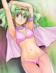  armpits arms_up blue_eyes circlet earrings green_hair haruyama_kazunori jewelry lakshu long_hair midriff navel solo tenkuu_senki_shurato 