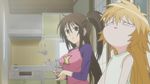  blonde_hair breasts brown_eyes brown_hair cup kitchen kusano large_breasts long_hair multiple_girls raglan_sleeves screencap sekirei side_ponytail tea uzume 