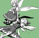  barefoot cirno closed_eyes daiyousei fairy_wings grass green_background holding_hands lying mary_janes monochrome multiple_girls nakatani_nio on_back shadow shoes short_hair simple_background sitting sleeping smile spot_color touhou wings 