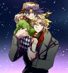 :3 argyle argyle_legwear blonde_hair blue_eyes blue_hair bomber_hat caesar_anthonio_zeppeli child coat contemporary facial_mark green_eyes hair_pull hat intothewater jojo_no_kimyou_na_bouken joseph_joestar_(young) male_focus mittens multiple_boys older shorts snowing time_paradox younger 