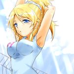  armpits arms_up ayase_eli blonde_hair blue_eyes breasts clothes_writing hair_ornament hairclip long_hair love_live! love_live!_school_idol_project ponytail urutsu_sahari 