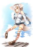  :o animal_ears bare_shoulders blonde_hair blush chabaneko fang felt_(inuue_kiyu) full_body hair_ornament highres long_hair original shoes sleeves_past_fingers sleeves_past_wrists solo striped striped_legwear tail thighhighs very_long_hair yellow_eyes zettai_ryouiki 