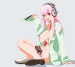  arm_support blue_background breasts gun handgun hat headphones highres holster large_breasts long_hair looking_at_viewer mnjs navel necktie nipples nitroplus no_panties open_clothes open_mouth open_shirt pink_hair pistol red_eyes shadow shirt shoes sitting skindentation smile solo super_sonico thigh_holster weapon 