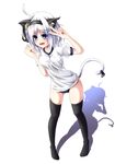  alternate_costume animal_ears black_legwear blue_eyes buruma cameltoe cat_ears cat_tail evandragon fang gym_uniform hair_ribbon highres konpaku_youmu looking_at_viewer no_shoes open_mouth puffy_sleeves ribbon shirt short_sleeves silver_hair simple_background smile solo tail tail_raised thighhighs touhou v white_background 