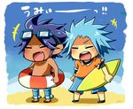  2boys fang goggles gym_leader lowres male male_focus multiple_boys pokemon shizui_(pokemon) surfboard touki_(pokemon) 
