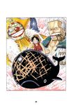  black_hair blue_hair border buggy_the_clown cigar face_paint facepaint hat highres jolly_roger laboon marine monkey_d_luffy oda_eiichirou official_art one_piece pirate pirate_hat red_vest scar siting sitting smile smoker straw_hat vest whale white_hair 
