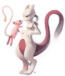  brown_eyes eye_contact floating full_body gen_1_pokemon glitchedpuppet legendary_pokemon looking_at_another mew mewtwo no_humans outstretched_arms pink_skin pokemon pokemon_(creature) purple_skin serious signature smile standing 