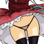  black_legwear black_panties breasts close-up dress head_out_of_frame kagiyama_hina medium_breasts navel panties pantyshot seki_(red_shine) solo thighhighs touhou underwear upskirt wind wind_lift 