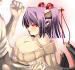  1girl bat_wings breasts censored commentary demon_girl hetero horns large_breasts mosaic_censoring nipple_slip nipples open_mouth original paizuri paizuri_under_clothes penis purple_hair red_eyes ribbed_sweater shiki_(psychedelic_g2) short_hair simple_background smile succubus sweater wings 