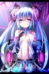 blue_hair bridal_gauntlets center_opening hand_on_own_chest hatsune_miku hatsune_miku_(append) highres letterboxed long_hair necktie nekoame purple_eyes solo thigh_gap thighhighs twintails very_long_hair vocaloid vocaloid_append 