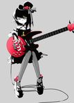  1girl black_hair food gorillaz gothic_lolita guitar hat instrument lolita_fashion nail_polish noodle noodle_(gorillaz) noodles shizuki_sayaka short_hair wink 