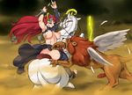  1girl abs armor armpits arms_up battle breasts breasts_apart caracol claudette claudette_(queen's_blade) clawdette clenched_teeth earrings fantasy feathers feet fighting horse jewelry lightning lion long_hair muscle nipples pegasus penis profile queen&#039;s_blade queen's_blade red_hair riding sword teeth thighhighs toeless_legwear toes torn_clothes torso_twist weapon wings 