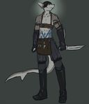  anthro big_tail blue_eyes clothing cosplay costume fish hair knife male marine nerts path_of_exile shadow_(poe) shark smile solo syrae-universe video_games weapon 