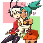  animal animal_on_head aqua_hair aqua_lipstick argyle argyle_legwear arm_hug bare_shoulders between_breasts bird bird_on_head breasts cerebella_(skullgirls) china_dress chinese_clothes cleavage dark_skin detached_collar detached_sleeves dress eyeshadow facial_tattoo feng_(skullgirls) heart highres inarou_(rakugakiproject) large_breasts lipstick living_clothes makeup multicolored_hair multiple_girls on_head pants short_dress skullgirls tattoo thighhighs two-tone_hair vambraces vice-versa_(skullgirls) yuri zettai_ryouiki 