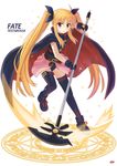  bardiche belt blonde_hair blush buckle cape character_name fate_testarossa gloves highres leotard long_hair lyrical_nanoha magic_circle mahou_shoujo_lyrical_nanoha npcpepper red_eyes ribbon scythe skirt smile solo thighhighs twintails 