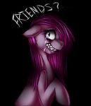  black_background blue_eyes creepy english_text equine female feral friendship_is_magic fur grin hair horse looking_at_viewer mammal mixipony my_little_pony pegasus pink_fur pink_hair pinkamena_(mlp) pinkie_pie_(mlp) plain_background pony portrait solo tears text wings 