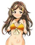  :/ bikini bikini_top blush bottomless bow breasts brown_eyes brown_hair cleavage groin hair_ornament hairclip large_breasts long_hair looking_at_viewer navel out-of-frame_censoring shinomiya_himawari solo swimsuit tom_(drpow) underboob vividred_operation 