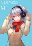  blue_background bryanth cable elbow_gloves gloves hairband headphones headset jacket lavender_hair looking_at_viewer original purple_hair red_eyes red_scarf scarf short_hair simple_background solo 