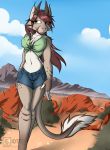  2018 absurd_res anthro breasts carmine_embershard chest_tuft clothed clothing crop_top desert digital_media_(artwork) dragon english_text feline female fully_clothed hair hi_res horn hybrid l-tech-e-coyote-l long_tail lynx mammal outside shaded shirt shorts smile solo text tuft walking 