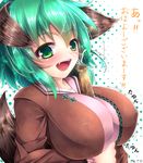  alternate_breast_size animal_ears artist_name between_breasts blush breasts censored covered_nipples cum ejaculation facial fang ginzake_(mizuumi) green_eyes green_hair kasodani_kyouko large_breasts long_sleeves no_nose open_mouth short_hair signature smile solo tail touhou translated 