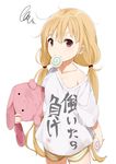  bad_id bad_pixiv_id blonde_hair brown_eyes candy clothes_writing collarbone food futaba_anzu idolmaster idolmaster_cinderella_girls lollipop long_hair messy_hair mouth_hold off_shoulder shirt shorts soburi solo stuffed_animal stuffed_bunny stuffed_toy t-shirt twintails very_long_hair you_work_you_lose 