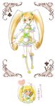  blonde_hair boots card card_(medium) choker club_(shape) color_connection cosplay cure_rosetta cure_rosetta_(cosplay) cure_sunshine dokidoki!_precure dress flower green_choker hair_flower hair_ornament hand_mirror heartcatch_precure! highres knee_boots long_hair magical_girl mirror myoudouin_itsuki open_mouth potpourri_(heartcatch_precure!) precure ryun smile text_focus twintails white_background wrist_cuffs yellow_eyes 
