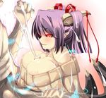  1girl bat_wings breasts censored cum demon_girl ejaculation hetero horns large_breasts mosaic_censoring nipple_slip nipples open_mouth original paizuri paizuri_under_clothes penis projectile_cum purple_hair red_eyes ribbed_sweater shiki_(psychedelic_g2) short_hair simple_background smile sweater wings 