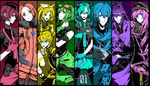  6+girls ahoge aqua_eyes aqua_hair belt blonde_hair blue_scarf bowl column_lineup earmuffs gloves goggles goggles_on_head green_eyes green_hair gumi hair_ornament hair_ribbon hairclip hat hatsune_miku highres kagamine_len kagamine_rin kaito kamui_gakupo koi_wa_sensou_(vocaloid) long_hair megaphone megurine_luka meiko multiple_boys multiple_girls navel necktie orange_eyes orange_hair pantyhose peaked_cap pink_hair purple_eyes purple_hair red_eyes red_hair ribbon scarf sf-a2_miki short_hair skirt smile star suzuya_(appon65122) twintails vocaloid 