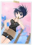  bare_shoulders blue_eyes breasts fishnets food hand_on_hip mitarashi_anko naruto skirt 