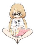  bad_id bad_pixiv_id barefoot bespectacled bike_shorts black_eyes blonde_hair blush butterfly_sitting clothes_writing drooling futaba_anzu glasses hand_on_own_stomach idolmaster idolmaster_cinderella_girls long_hair messy_hair moru_(monaka) shirt shorts sitting solo striped striped_bike_shorts stuffed_animal stuffed_bunny stuffed_toy t-shirt twintails very_long_hair you_work_you_lose 