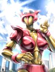  aphrodai_a breasts building cityscape cloud hand_on_hip large_breasts mazinger_z mecha no_humans oldschool salute science_fiction shiny sky sunlight super_robot ueyama_michirou upper_body 