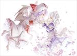  apron bat_wings blue_dress blue_eyes capelet curiosities_of_lotus_asia dress flower frame hat hat_ribbon highres holding_hands izayoi_sakuya juliet_sleeves long_sleeves maid maid_headdress multiple_girls open_mouth petals pink_flower pink_rose puffy_sleeves purple_hair red_eyes remilia_scarlet ribbon rose sash shunsuke silver_hair smile touhou waist_apron white_dress wings 